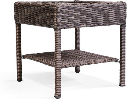 Cambridge Outdoor Wicker Side Table, 2-Tier All-Weather HDPE Rattan Patio End Table with HIPS Tabletop and Storage Shelf, Brown