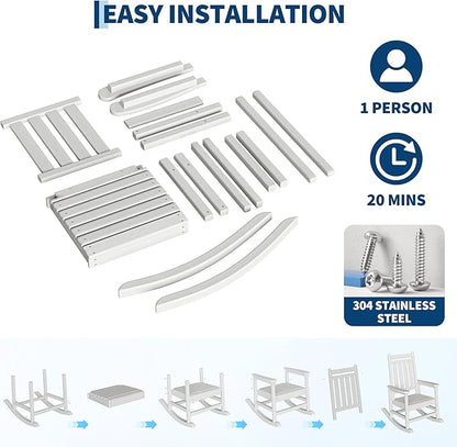HDPE Rocking Chair Outdoor Set of 4 with 2 Side Table - Poly High Back Porch Rocker Chairs for Adults - All Weather Resistant Furniture for Patio Front Porch - White