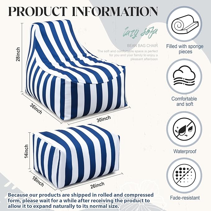 Outdoor Bean Bag Chair with Ottoman, Large Patio Lounge Chair for Adults, Thick Filled Lounger for Pool, Deck - Photo 2
