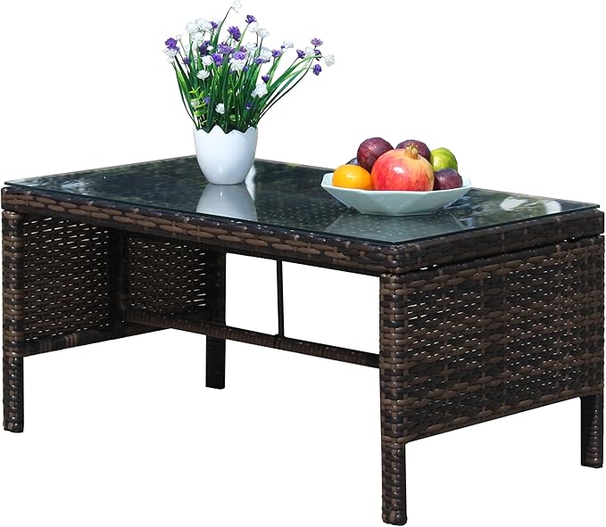Rattan Wicker Side Table Glass Coffee Table for Outdoor Backyard Lawn Balcony Pool RectangleTempered Glass Top Wicker Rattan End Table Furniture with Storage (Brown3)