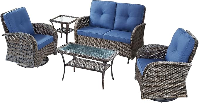 5-Piece Modern Wicker Patio Furniture Set - Outdoor Rocking Chairs, Glider Bench, Coffee Table - Brown/Blue