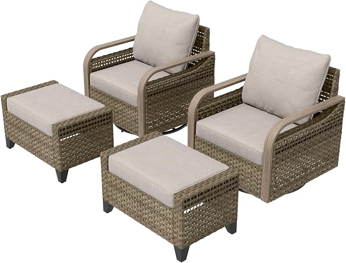 EAGLE PEAK Modern Wicker Outdoor Glider Rocking Chair, Swivel Rocker, Rattan Patio Furniture for Yard Deck Porch Garden, 2 Chairs 2 Ottomans, 4 Piece, Brown/Gray