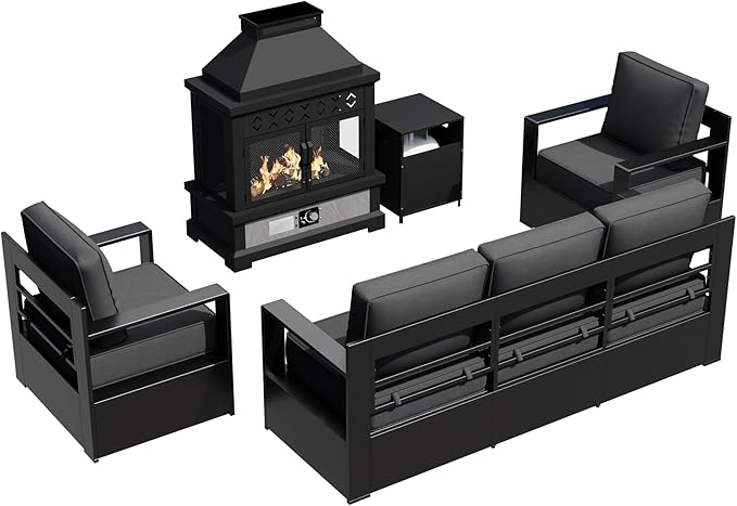 Outdoor Aluminum Furniture Set, 4-Piece Patio Conversation Set, 2 Chairs, 1 Sofa and 1 Fireplace - Photo 8