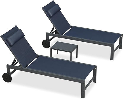 PURPLE LEAF Patio Lounge Chair Set of 3 Outdoor Chaise Lounger Aluminum Frame with Side Table and Wheels for Pool Outside Sunbathing Tanning Recliner Including Pillows Navy Blue
