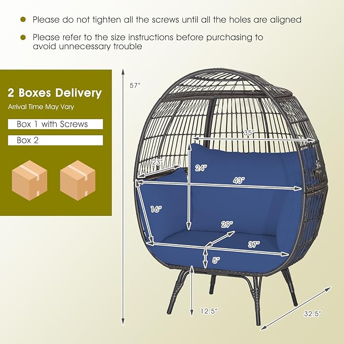 Giantex Oversized Wicker Egg Chair, Outdoor & Indoor Hammock Chair with Thick Cushions, 2-Person PE Rattan Lounge Chair Swing Chair for Patio, Backyard,Porch, 450 LBS Weight Capacity (Dark Blue)