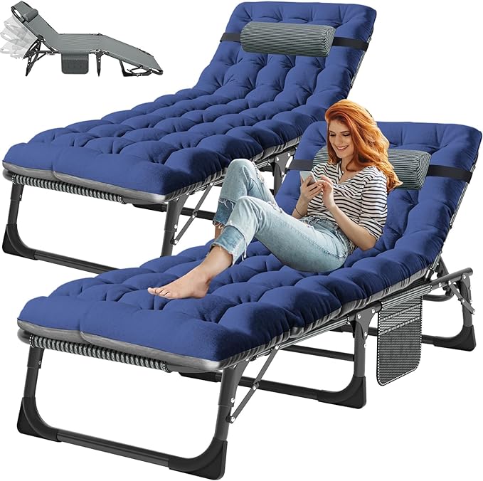 ABORON 3-in-1 Folding Patio Lounge Chair, 440LB Heavy-Duty Tri-Fold Guest Bed with Plush Cotton Cushion, No Assembly Adjustable Recliner for Office Nap, Patio Sunbathing, Poolside & Camping