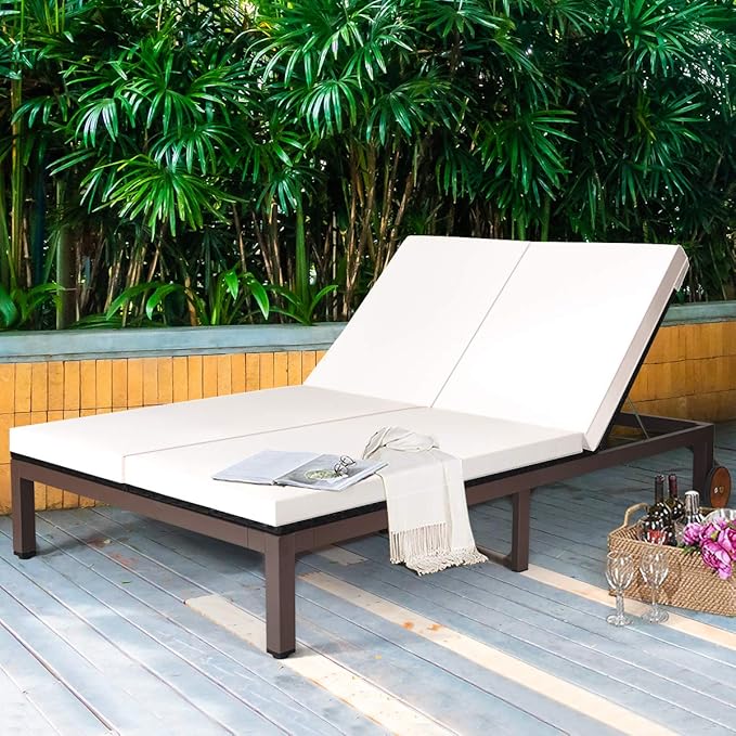 COSTWAY 2-Person Patio Rattan Lounge Chair Chaise Recliner Adjustable Cushion