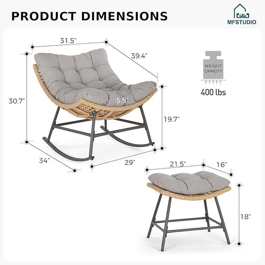MFSTUDIO Outdoor Papasan Rocking Chair with Ottoman, Wicker Rattan Egg Papasan Rocking Chair, Oversized Egg Shaped Patio Chair, Outdoor Lounge Rocker Chairs for Patio, Balcony, Porch and Indoor