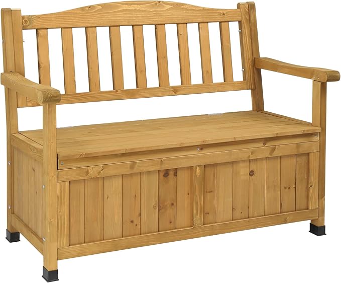44" Large Wood Deck Box,Outdoor Garden Storage Container,Wooden Outdoor Patio Storage Bench,Patio Furniture Storage Bench,with Backrest & Armrest,for Porch Yard Lawn Poolside Backyard (Yellow)