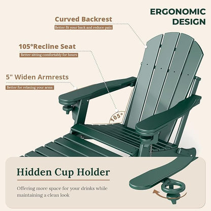 BRIOPAWS Adirondack-Chairs-with-Pull-Out-Footrest | Set of 2 | Folding | HDPE Plastic | Fire Pit Chair | All Weather | Cup Holders | Curved Back | Retractable Ottoman | for Poolside Deck | Forest