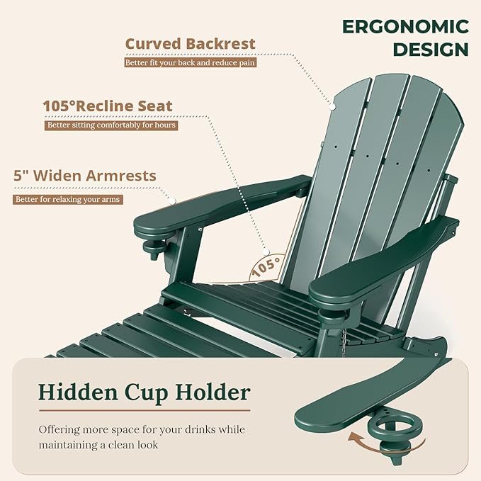 BRIOPAWS Adirondack-Chairs-with-Pull-Out-Footrest | Set of 4 | Folding | HDPE Plastic | Fire Pit Chair | All Weather | Cup Holders | Curved Back | Retractable Ottoman | for Poolside Deck | Forest