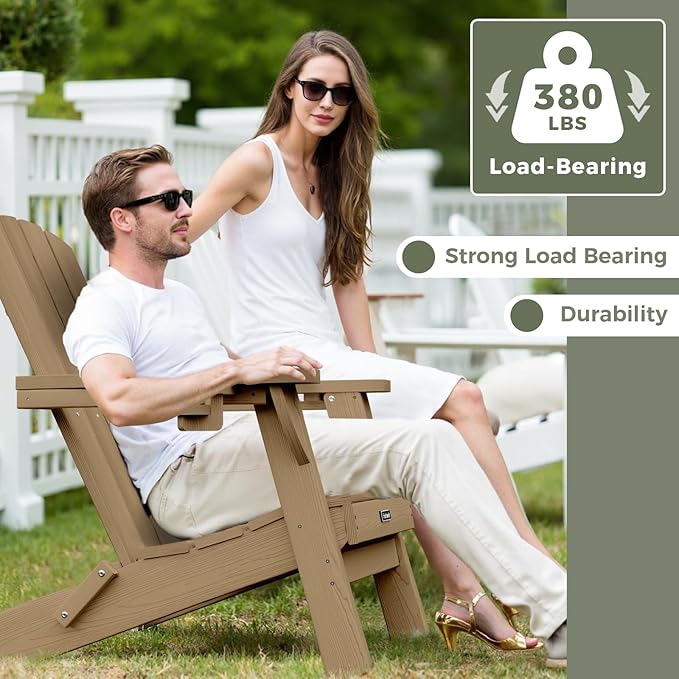 Folding Adirondack Chair with Wood Texture, HDPE All-Weather Fire Pit Chairs, Plastic Adirondack Chairs with 2 Cup Holder, Outdoor Lawn Chair for Patio Garden (Teak)