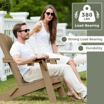 Folding Adirondack Chair with Wood Texture, HDPE All-Weather Fire Pit Chairs, Plastic Adirondack Chairs with 2 Cup Holder, Outdoor Lawn Chair for Patio Garden (Teak)