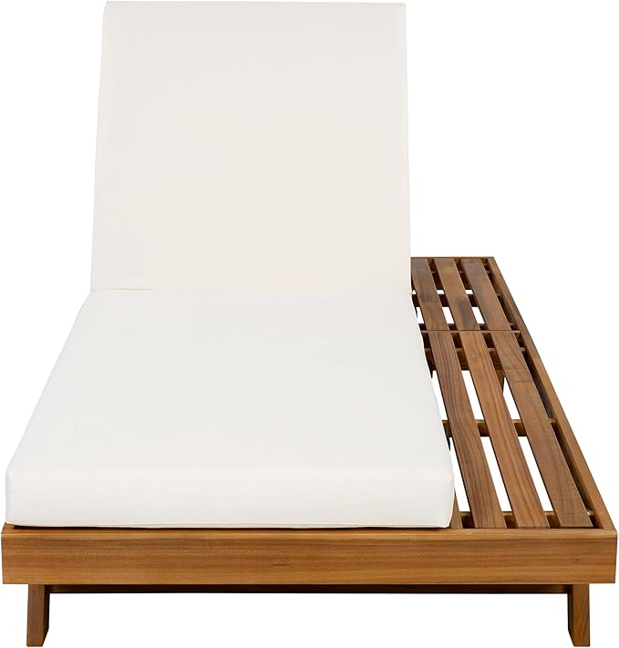 Acacia Wood Outdoor Chaise Lounge with Open Slatted Side, 4-Position Pool Lounge Chairs with All-Weather Cushion, Teak Finish Reclining Patio Chair, 300Lbs Capacity (Cream, 4 inch)