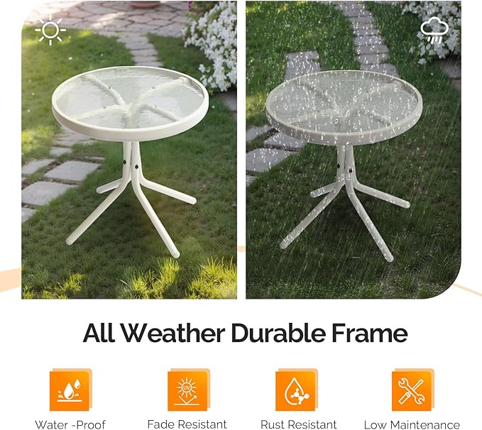 VINGLI Outdoor Side Table, 18" Patio Table Steel Frame Tempered Glass Top, Weatherproof Small Tables for Balcony Garden Poolside (White, Round)