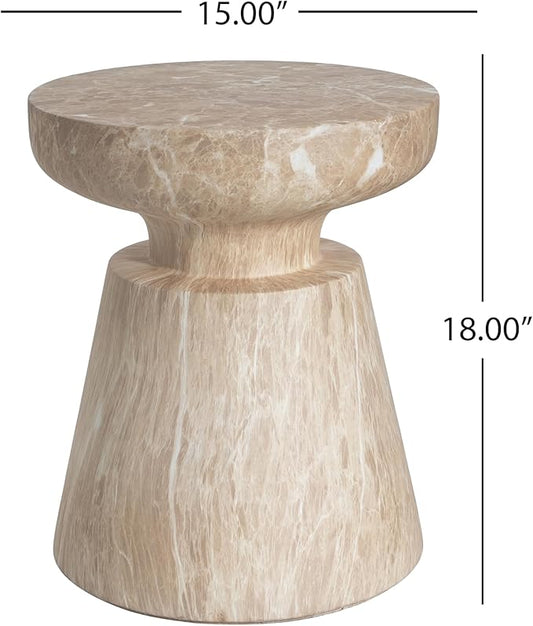Christopher Knight Home Jayme 15"Lightweight Concrete End Table, Indoor Outdoor Accent Side Table, Travertine Round Tabletop, Easy Move, Decorative Garden Stool for Poolside Balcony Living Room, Gold