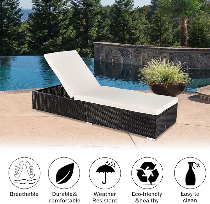 PE Wicker Chaise Lounge Chairs for Outside Outdoor Patio Reclining Chair Sun Bed Patio Couch with Removable Cushion Covers for Patio, Deck, Poolside, Balcony, Beach, Yard Black
