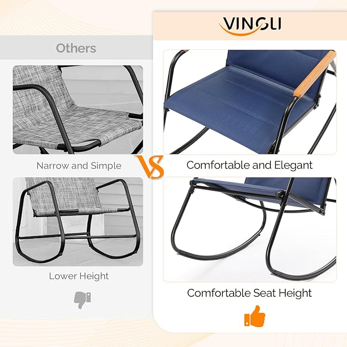 VINGLI Outdoor Rocking Chair, 450lbs Capacity Portable Outdoor Rocker with Footrest, Hard Armrests, Pillow, All Weather Porch Rocker for Garden, Living Room, Patio, Lawn (Blue, Without footrest)