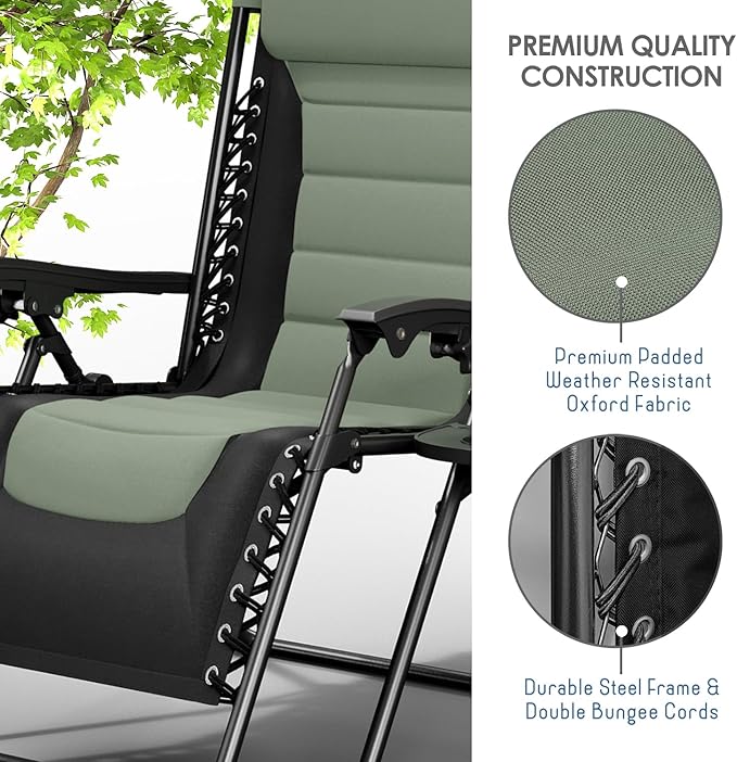 Nestl Outdoor Padded Zero Gravity Chair Set of 2, Patio Lounge Chair Outdoor Recliner, Oversized Anti Gravity Lounger with Adjustable Headrest and Cup Holder, Foldable for Camping- Black/Sage Green