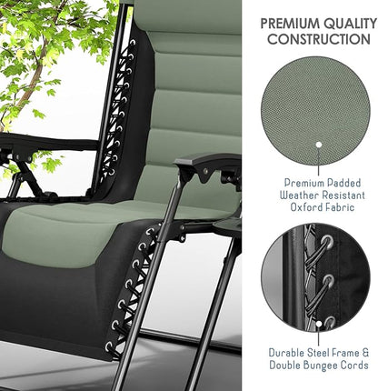 Nestl Outdoor Padded Zero Gravity Chair Set of 2, Patio Lounge Chair Outdoor Recliner, Oversized Anti Gravity Lounger with Adjustable Headrest and Cup Holder, Foldable for Camping- Black/Sage Green