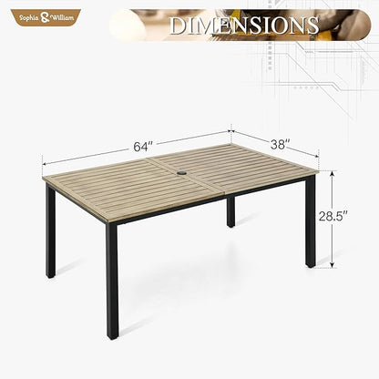 Sophia & William 6-person Metal Outdoor Patio Dining Table Rectangular, E-coating XLarge 63.8"L x 38.2"W Slat Tabletop, Adjustable Umbrella Hole 1.6"- 2", Patio Furniture for Porch Backyard Deck, Teak
