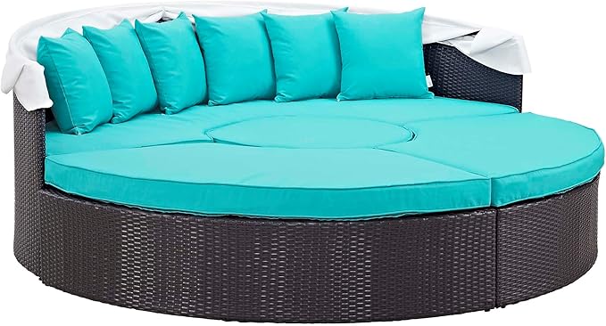 Modway Convene Wicker Rattan Outdoor Patio Retractable Canopy Round Poolside Sectional Sofa Daybed with Cushions in Espresso Turquoise