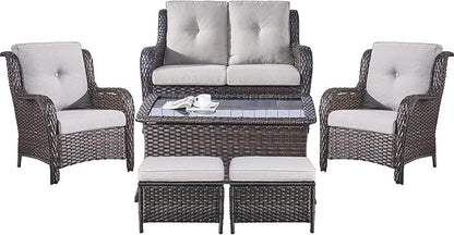 Belord 6 Pieces Patio Furniture Set Outdoor Wicker Furniture, 2 Patio Wicker Chairs with 1 Loveseat Sofa, Coffee Table and Ottomans, Patio Conversation Set for Porch Garden Deck Balcony Poolside