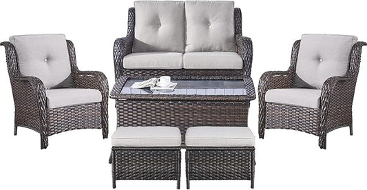 Belord 6 Pieces Patio Furniture Set Outdoor Wicker Furniture, 2 Patio Wicker Chairs with 1 Loveseat Sofa, Coffee Table and Ottomans, Patio Conversation Set for Porch Garden Deck Balcony Poolside