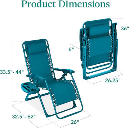 Best Choice Products Adjustable Zero Gravity Chair, Monochromatic Color Folding Patio Recliner w/Side Tray, Headrest - Peacock