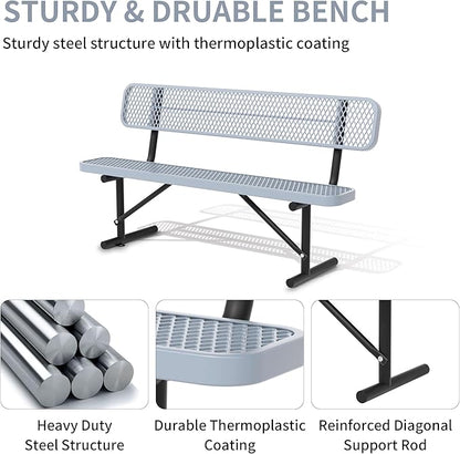 4/6/8 Feet Park Bench for Outside Heavy Duty Metal, Garden Benches Outdoor Bench with Backrest & Portable Frame, for Shopping Malls Stores Parks Patios Decks, Grey