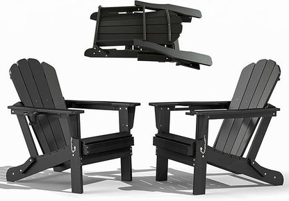 Domi Folding Adirondack Chairs Set of 2, HDPE All-Weather Outdoor Chairs with Cup Holder, Wooden Textured Fire Pit Chairs for Backyard, Patio, Poolside & Deck, Black