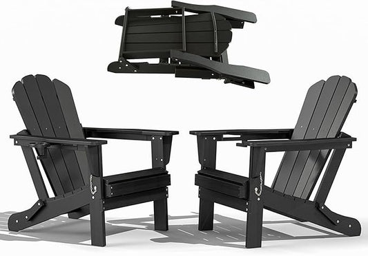 Domi Folding Adirondack Chairs Set of 2, HDPE All-Weather Outdoor Chairs with Cup Holder, Wooden Textured Fire Pit Chairs for Backyard, Patio, Poolside & Deck, Black