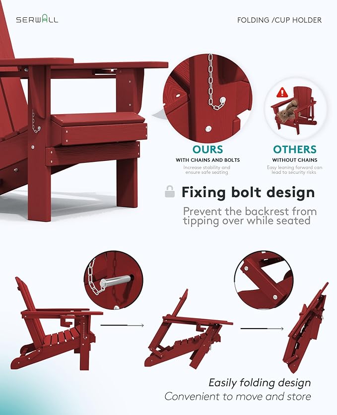 SERWALL Adirondack Chair with Cup Holders - Composite Adirondack Chairs Set of 8 HDPE Outdoor Chairs All Weather Use- Dark Red