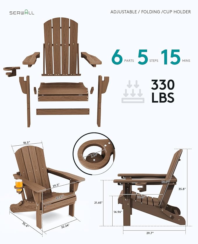 SERWALL Folding Adirondack Chair Set of 4, Reclining Adirondack Chair with 3 Recline Positions, All Weather HDPE Outdoor Adirondack, Brown