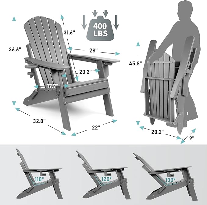 FUNBERRY Folding Adirondack Chair with Adjustable Backrest, HDPE All Weather Fire Pit Chairs with Cup Holder
