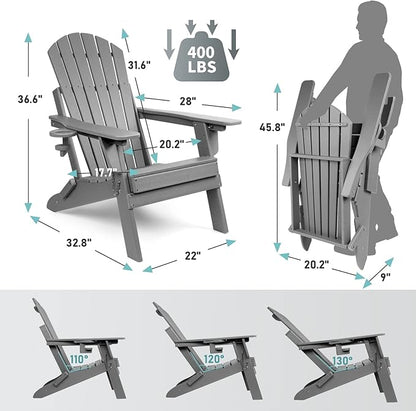 FUNBERRY Folding Adirondack Chair with Adjustable Backrest, HDPE All Weather Fire Pit Chairs with Cup Holder