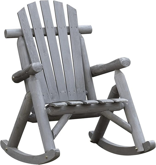 Outsunny Outdoor Wooden Rocking Chair, Single-Person Adirondack Rocking Patio Chair with Rustic High Back, Slatted Seat and Backrest for Indoor, Backyard, Garden, Dark Gray