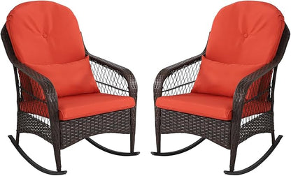 LVUYOYO Outdoor Wicker Rocking Chair of 2, Patio Rattan Rocker Chair with Cushions, Rocking Wicker Furniture Set for Deck, Porch, Garden, Backyard (Orange Red)
