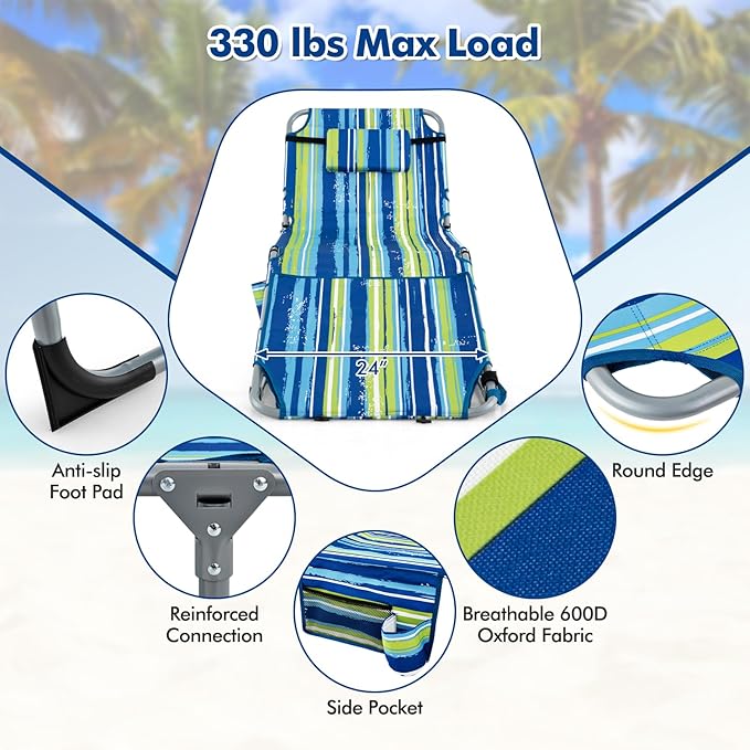 Goplus Tanning Chair, Folding Outdoor Beach Lounge Chair with Face & Arm Hole, Carrying Strap, Pillow, Side Pocket - Photo 7