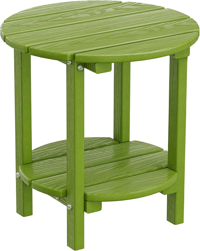 2 Tier Round Outdoor Side Table with Wood-Like Grain, HDPE Adirondack Table Patio Side Table, Weather Resistant End Table for Pool, Patio & Porch, Small Outdoor Table (Lime, Round)