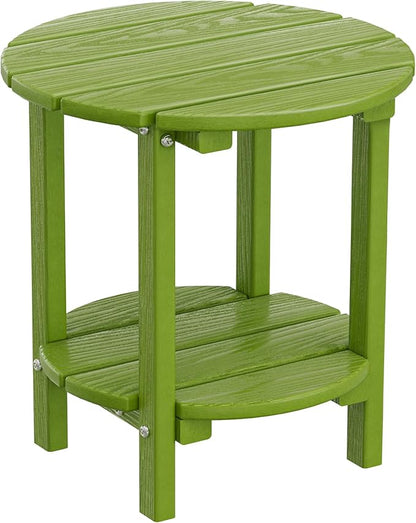 2 Tier Round Outdoor Side Table with Wood-Like Grain, HDPE Adirondack Table Patio Side Table, Weather Resistant End Table for Pool, Patio & Porch, Small Outdoor Table (Lime, Round)