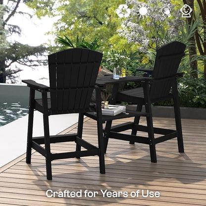Tall Adirondack Chairs Set of 2 with Removable Tray, HDPE Bar Height Adirondack Bar Stools, High Back Patio Chairs for Balcony, Deck, Lawn, Backyard, All-Weather Outdoor Furniture, Black