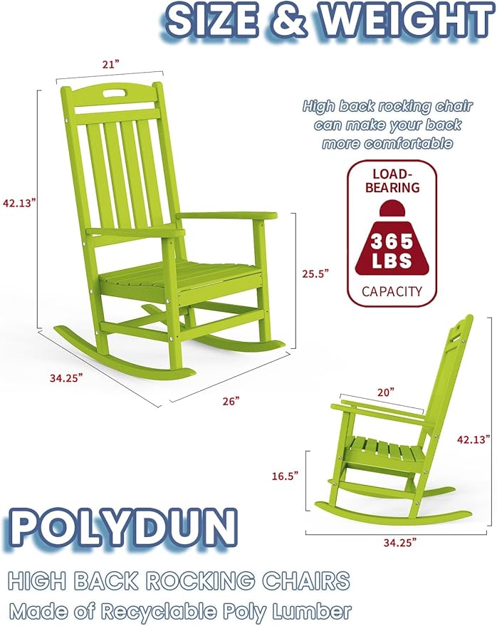 Outdoor Rocking Chair Set of 2, High Back HDPE Patio Chair, All Weather Porch Rocker, Lawn Chair for Deck, Porch, Backyard, Garden, Lime