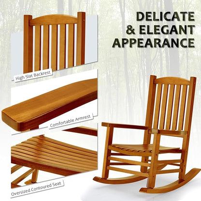 Wooden Oversized Porch Rocker Chair with High Back and Armrest, All Weather Slatted Rocker for Backyard, Garden, 400 lbs Support, Natural