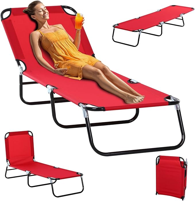 Folding Chaise Lounge Pool Chairs, Outdoor Sun Tanning Chairs with 5-Level Reclining Back, Steel Frame for Beach, Yard, Patio(Red)