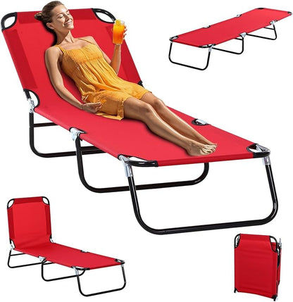 Folding Chaise Lounge Pool Chairs, Outdoor Sun Tanning Chairs with 5-Level Reclining Back, Steel Frame for Beach, Yard, Patio(Red)