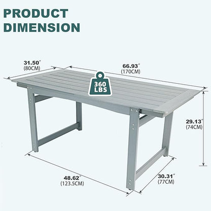 67" Outdoor Dining Table with Umbrella Hole, HIPS All-Weather Rectangular Patio Table for Outdoor/Indoor Use, Grey