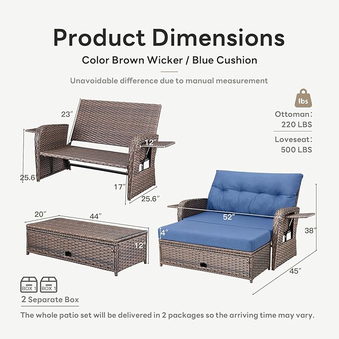 Belord Oversize Outdoor Daybed Set - Patio Recliner Loveseat with Storage Ottoman - Photo 2