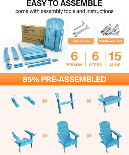 Adirondack Chairs Set of 2 for Outdoor Patio: Sturdy HDPE Plastic Fire Pit Chairs with Cup Holder & Wood Texture - Comfortable Easy to Assembly All-Weather Furniture - Easy Foldable and Stackable