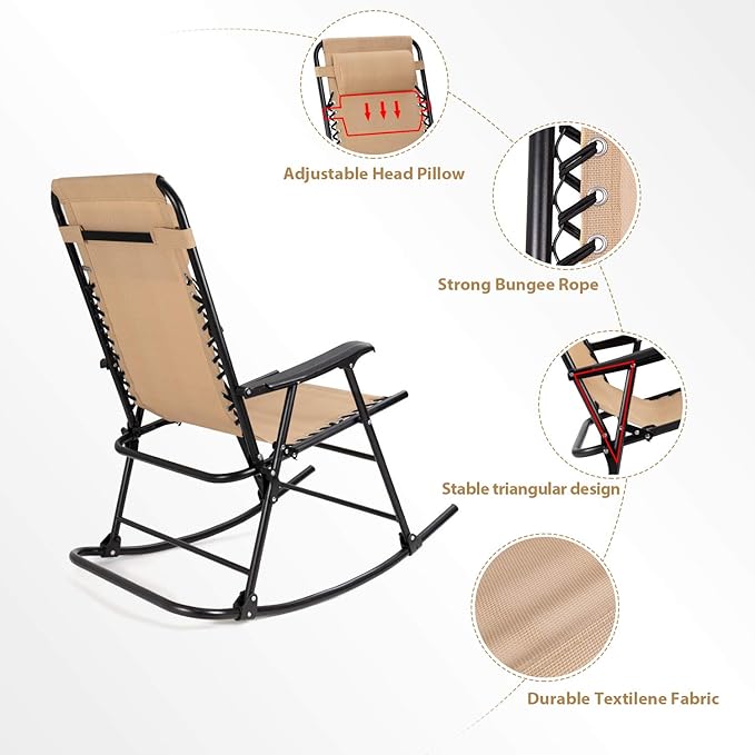 Flamaker Patio Rocking Chair Zero Gravity Chair Outdoor Folding Recliner Foldable Lounge Chair Outdoor Pool Chair for Patio, Poolside and Camping (Beige)